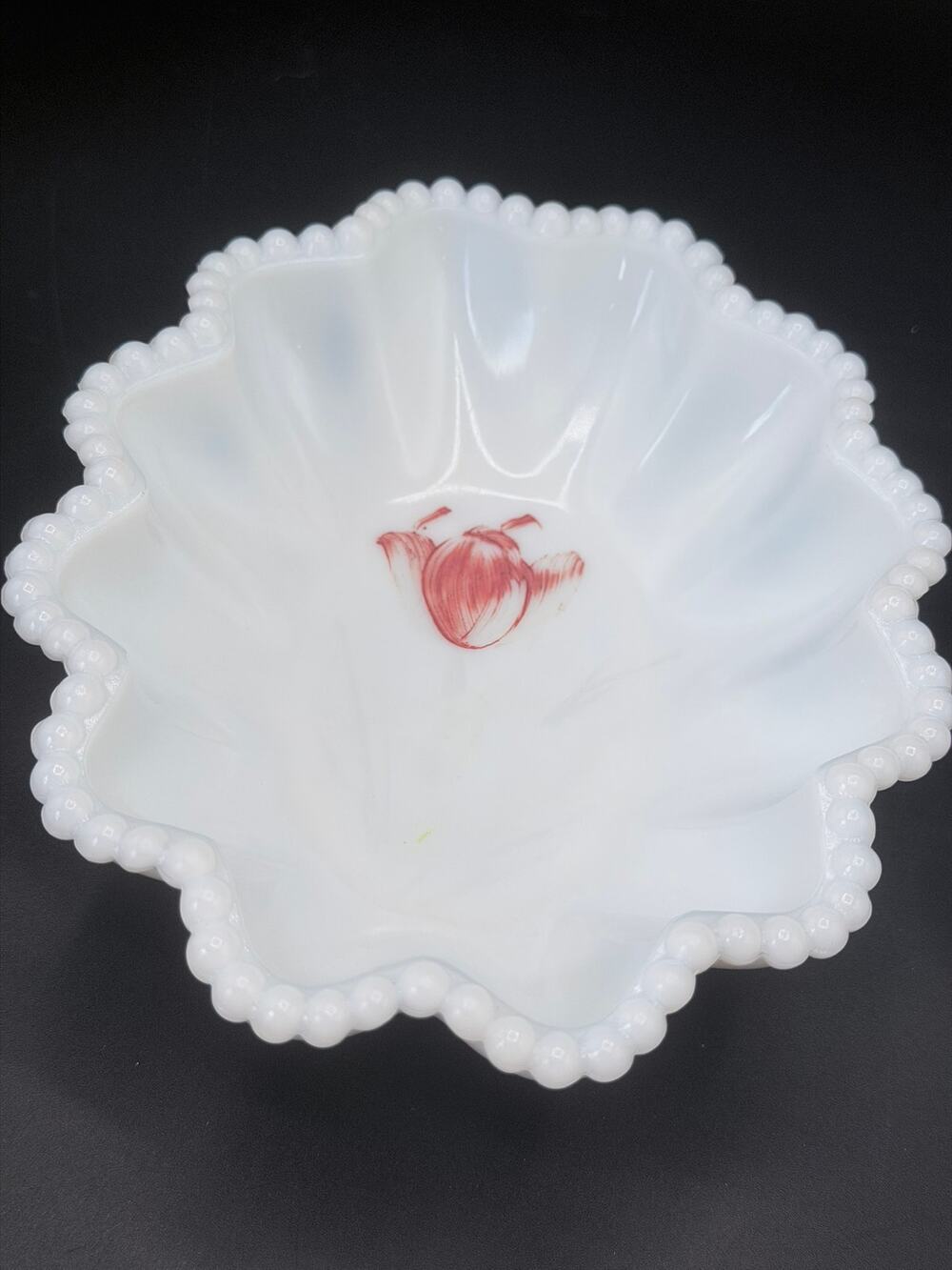 Vintage Westmoreland Milk Glass Leaf Bowls Beaded Edge Red Floral Set of 2